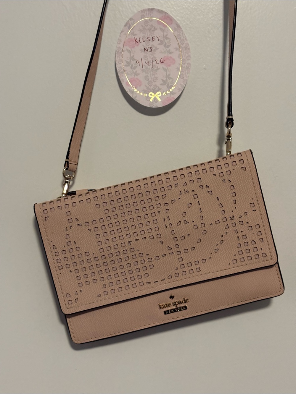 kate spade Blush Pink Perforated Floral Flap Crossbody